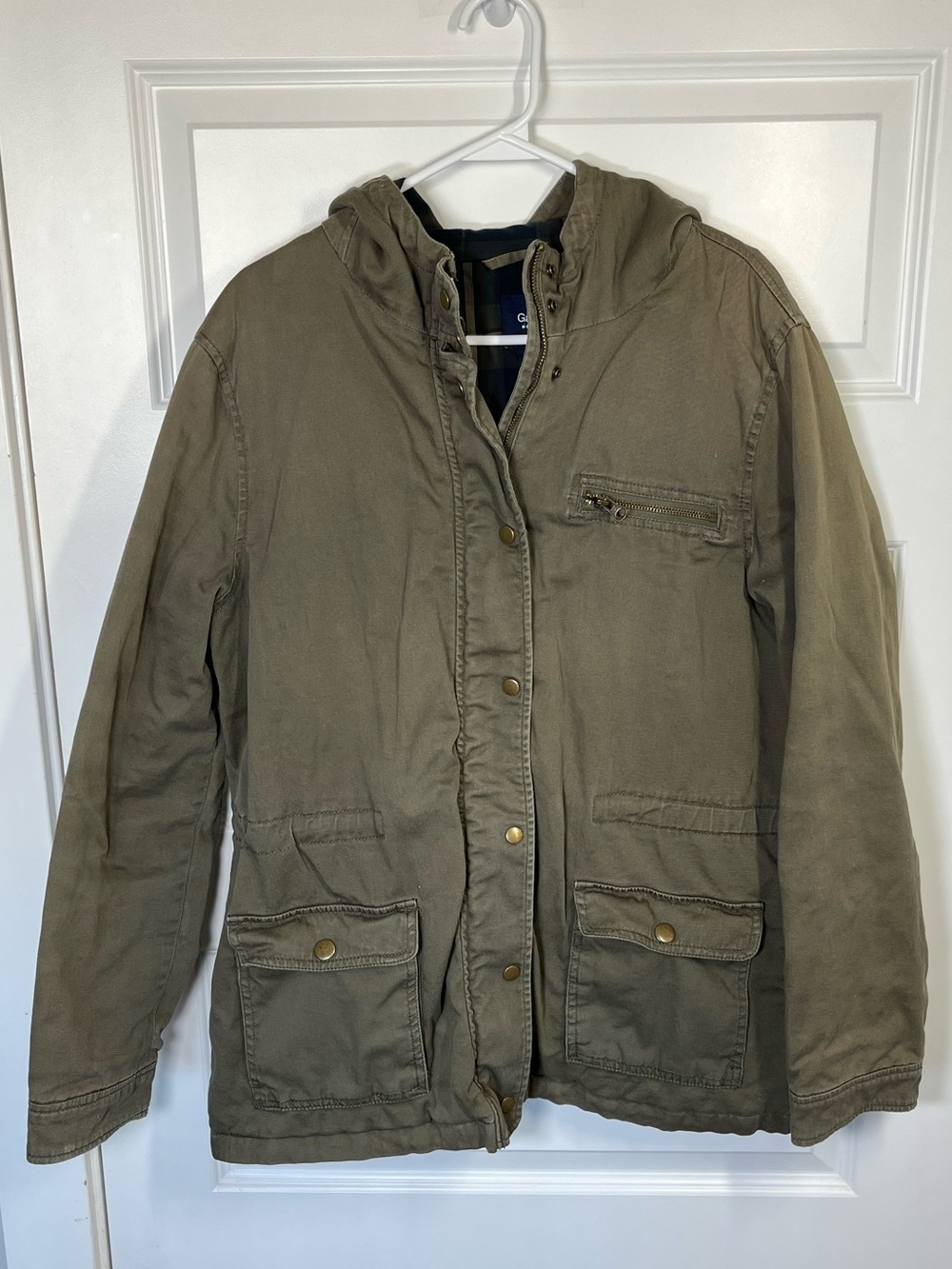 Gap Olive Green Military Utility Field Jacket Plaid Lined Hooded Large